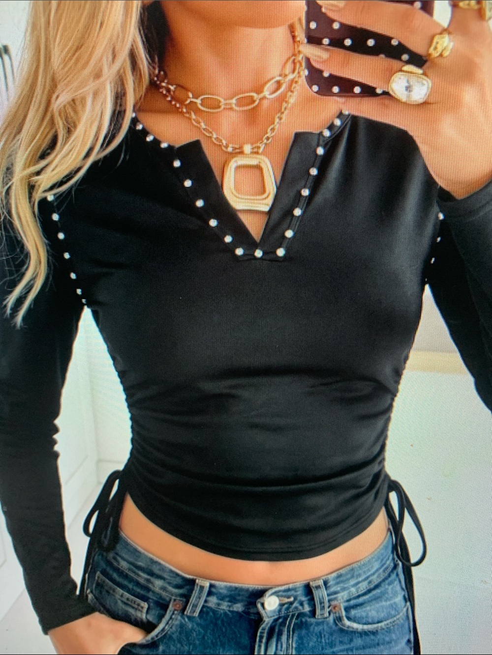 Stud-Trim V-Neck Long Sleeve Top in Black